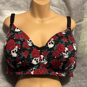Floral Skull Print Bra - Red and Black